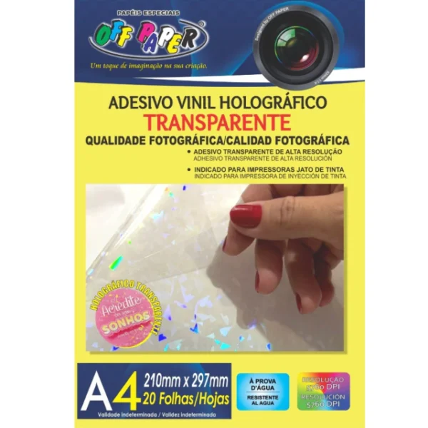 Adesivo Vinil Holográfico Transparente Imprimivel - A4 - Pct c/20 fls - OffPaper