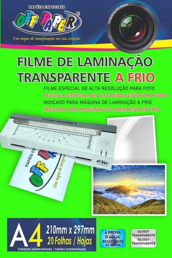 Filme de Laminação (adesivo) Transparente a Frio (glossy) - A4 - Pct c/20 fls - OffPaper