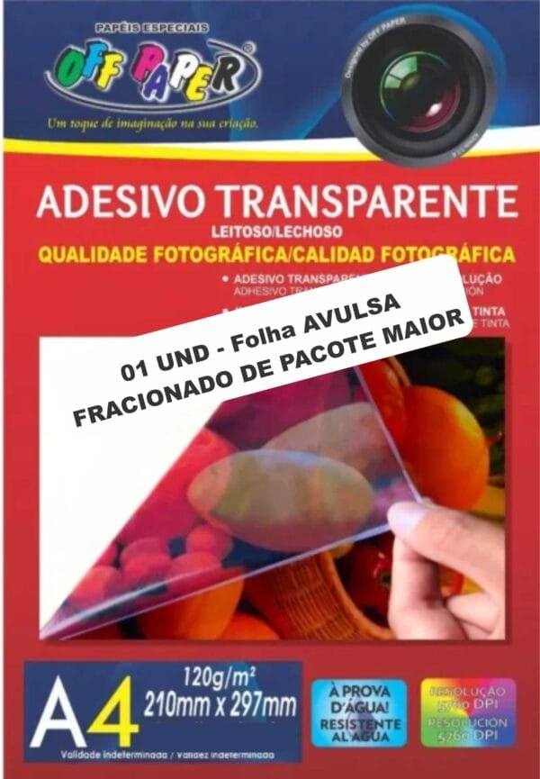 1 und - Folha Avulsa - Adesivo Transparente Leitoso Imprimivel - A4 - OffPaper - 1 und - Folha Avulsa