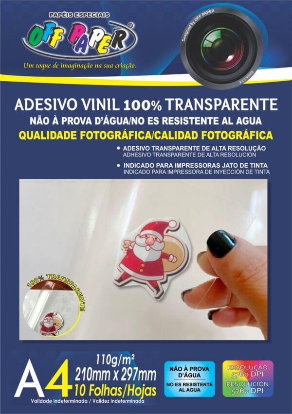 Adesivo Vinil 100% Transparente Imprimivel - A4 - Pct c/10 fls - OffPaper