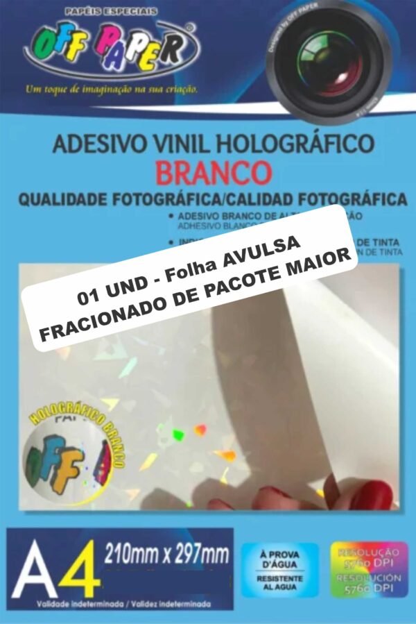 1 und - Folha Avulsa - Adesivo Vinil Holográfico Branco Imprimivel - A4 - OffPaper - 1 und - Folha Avulsa