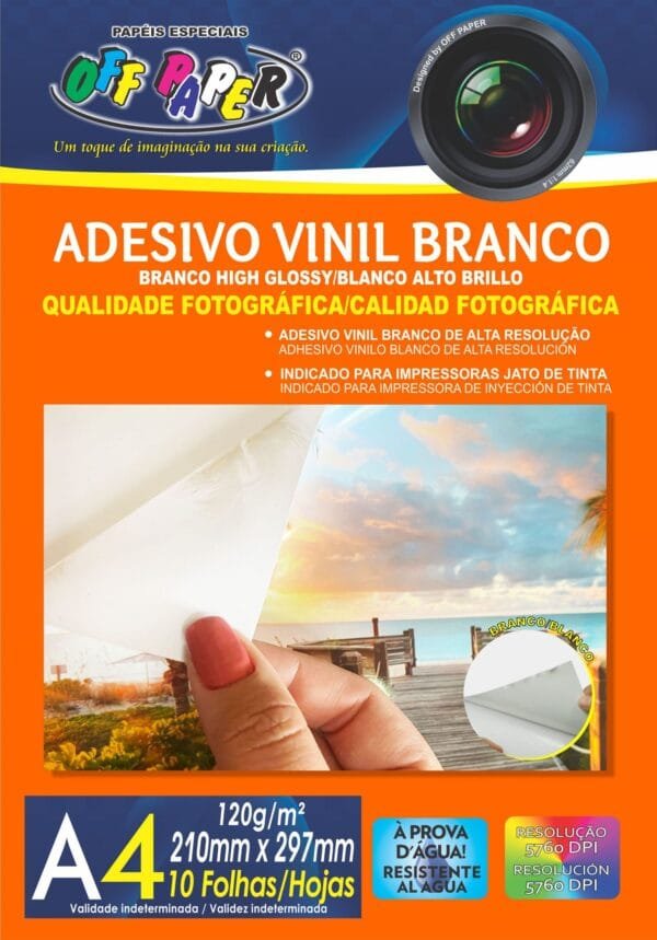 Adesivo Vinil Branco Glossy Imprimivel 120g - A4 - Pct c/10 fls - OffPaper