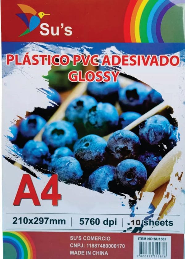 Vinil Branco Adesivado - Plastico PVC Glossy para impressão - A4 - Su´s - pct c/10 fls