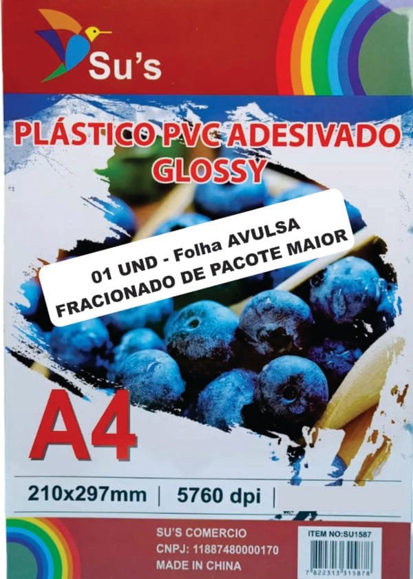 1 und - Folha Avulsa - Vinil Branco Adesivado - Plastico PVC Glossy para impressão - A4 - Su´s - 1 Und - Folha Avulsa