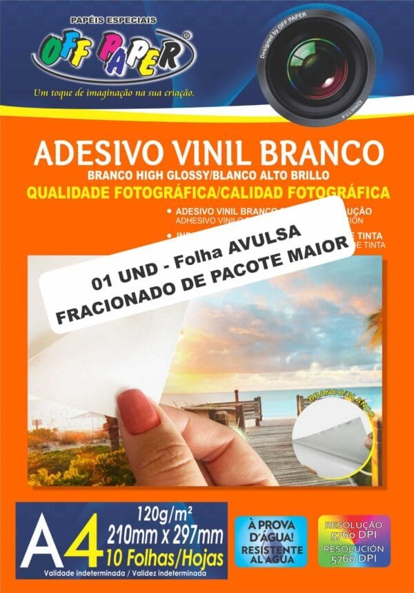 1 FOLHA avulsa - Adesivo Vinil Branco Glossy Imprimivel 120g - A4 (1 und)