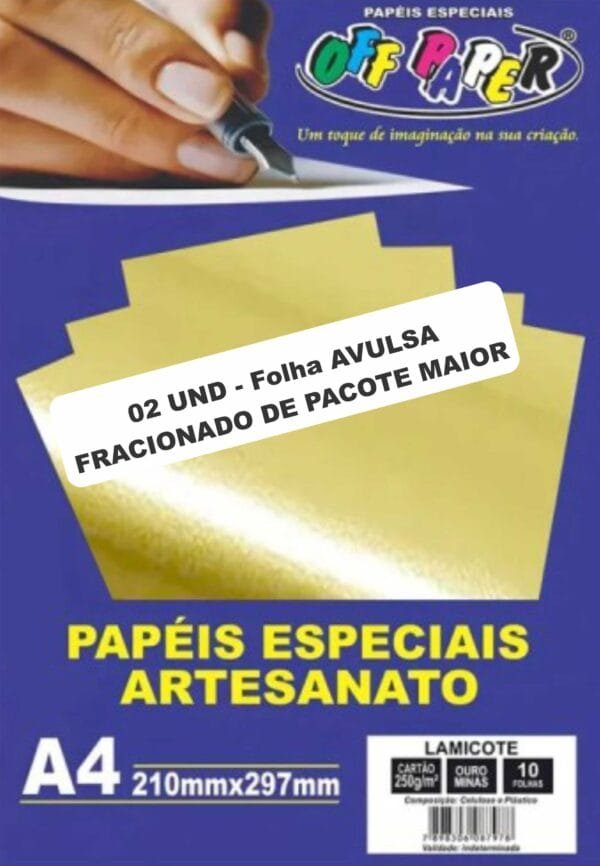 Pct c/02 folhas Papel Lamicote Ouro Minas - A4 - 250g - OffPaper