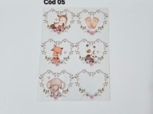 Cartela de adesivos Impressão Uv - 06 imagens Moldura coração e bichinhos - Indicado para chaveiro - Cod 05