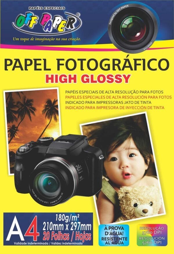 Papel Fotográfico High Glossy - 1 face - A4 - 180g - OffPaper  - pct c/20 fls