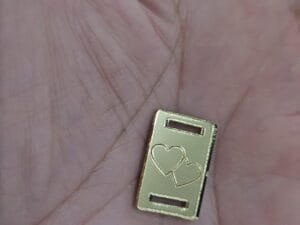 Mini Passador retangular Coração duplo  - para elástico chato - espelhado dourado - pct c/05 und